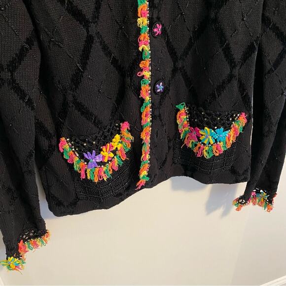 Vintage BEREK 2 Black Beaded Rainbow Floral Cardigan Sweater Small - Picture 11 of 13